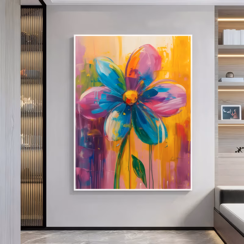 a large vertical abstract painting of a single five-petal flower with pink, turquoise and blue petals around a yellow and orange center, on a ground of yellow and magenta drips with a green stem below