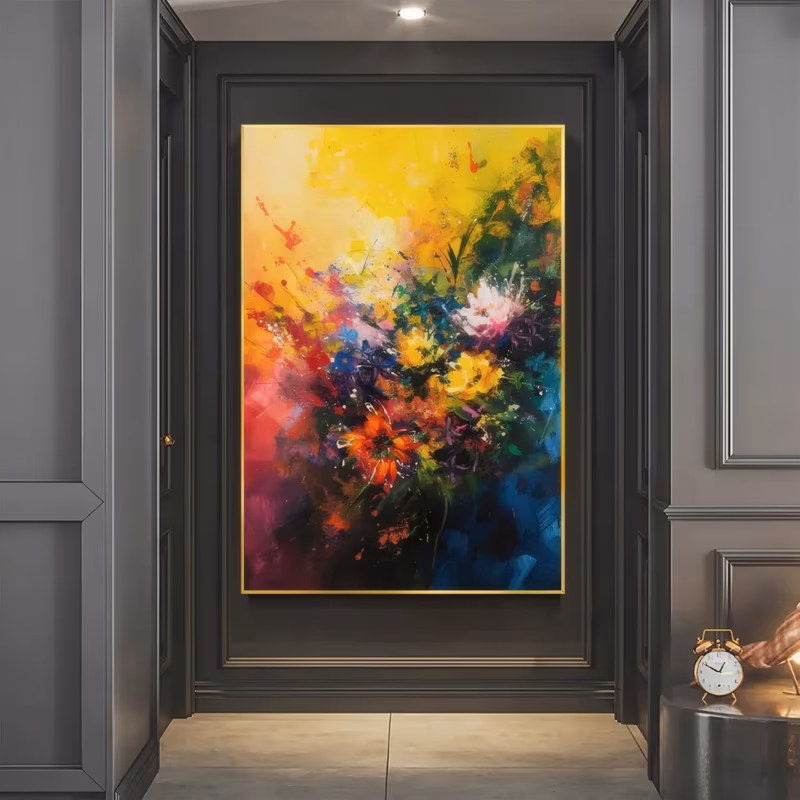 a large vertical expressive floral painting of a dense cluster of magenta, yellow and white blooms with flicked paint spatter, on a ground shifting from yellow to deep blue, in thick acrylic