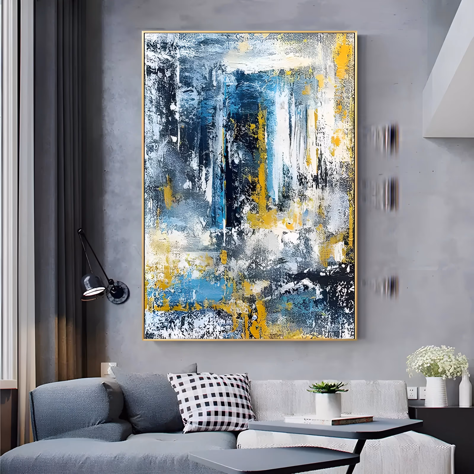 a large vertical abstract painting of long downward streaks in navy, sky blue, white and mustard yellow, layered so pale scrapes sit over dark ground, built up in ridged palette-knife impasto