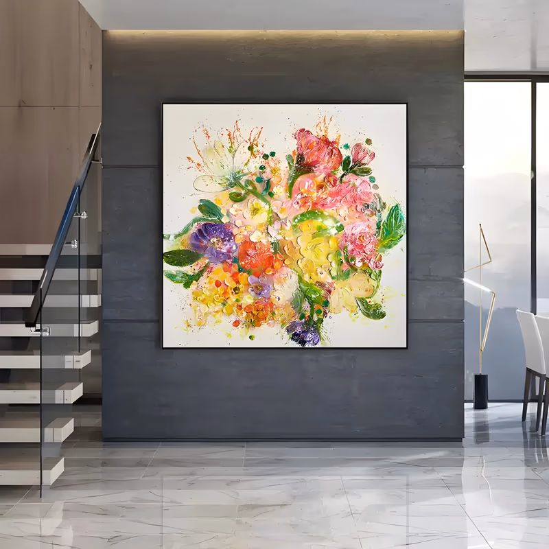 a large square floral painting of a loose bouquet in hot pink, yellow, purple and coral with green leaves, centered on a white ground and ringed by fine paint splatter, built in thick knife-laid impasto