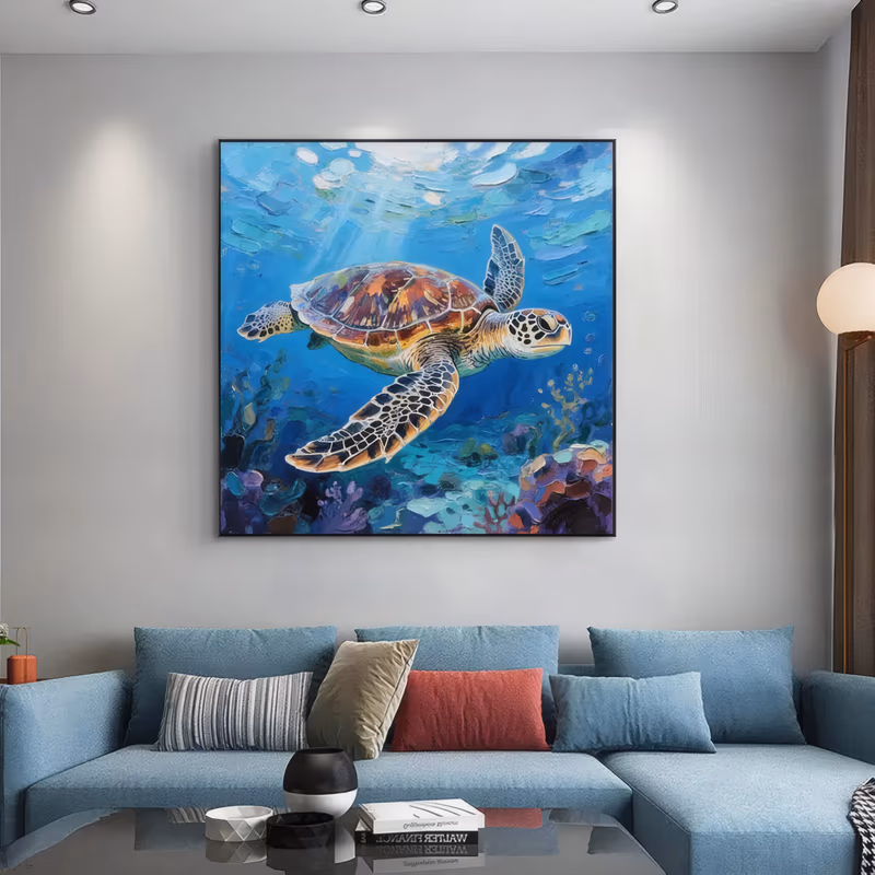 a square hyperrealist painting of a sea turtle swimming from left to right over a coral reef, its brown and gold shell lit by sunbeams in bright blue water above purple and orange coral, in heavy impasto