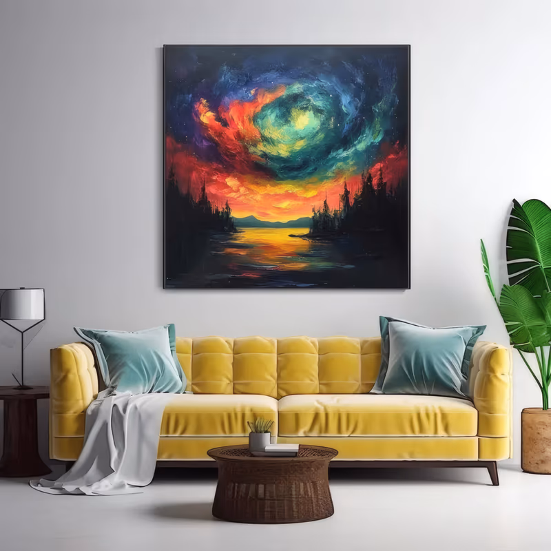 a large square impressionist painting of a spiraling aurora sky in teal, red, orange and yellow above a black pine forest, its light reflected in gold streaks on the still lake below, in thick palette-knife oil