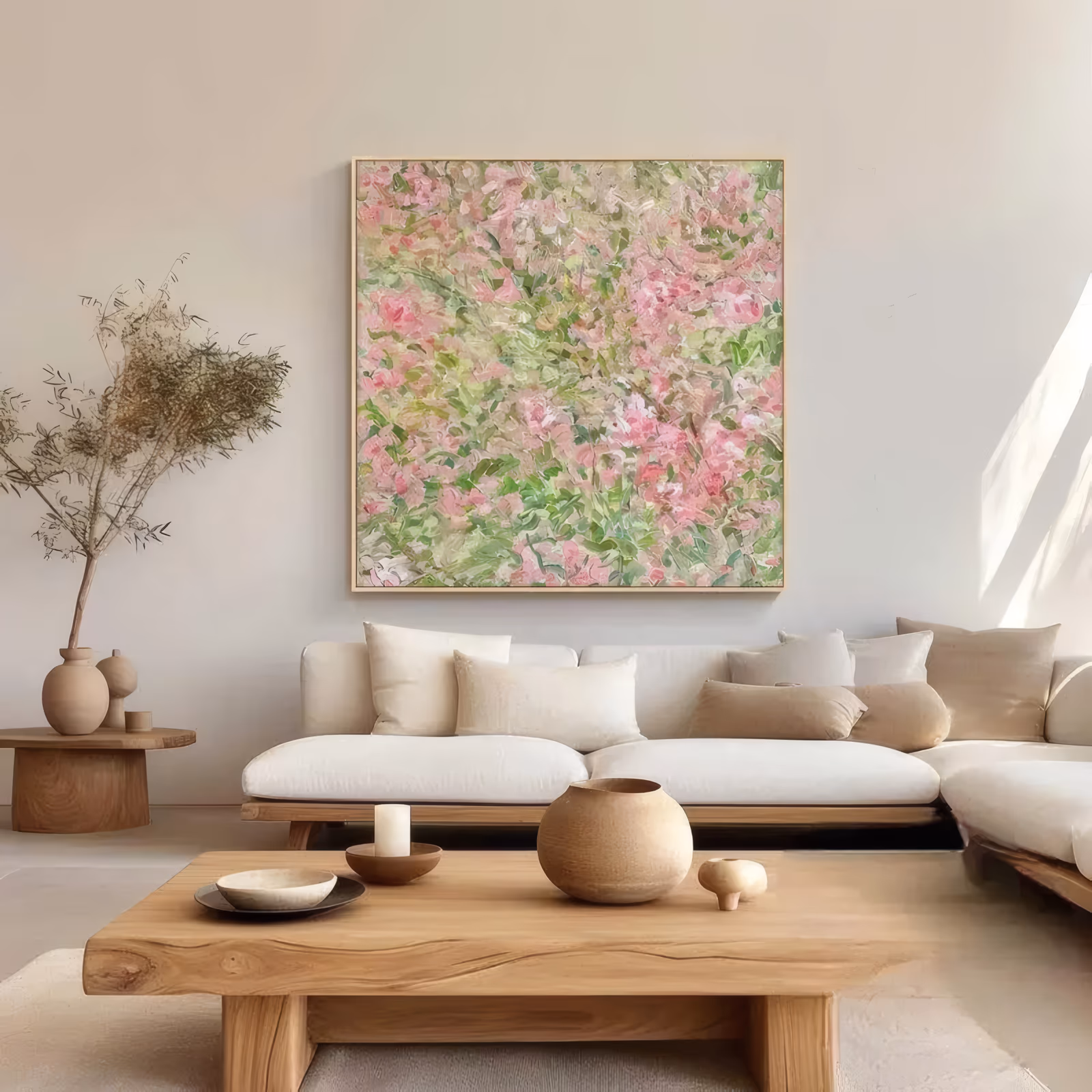 a large square impressionist painting of dense pink blossoms and green leaves filling the whole panel in short overlapping dabs, with cream and white gaps between the clusters, built up in heavy impasto