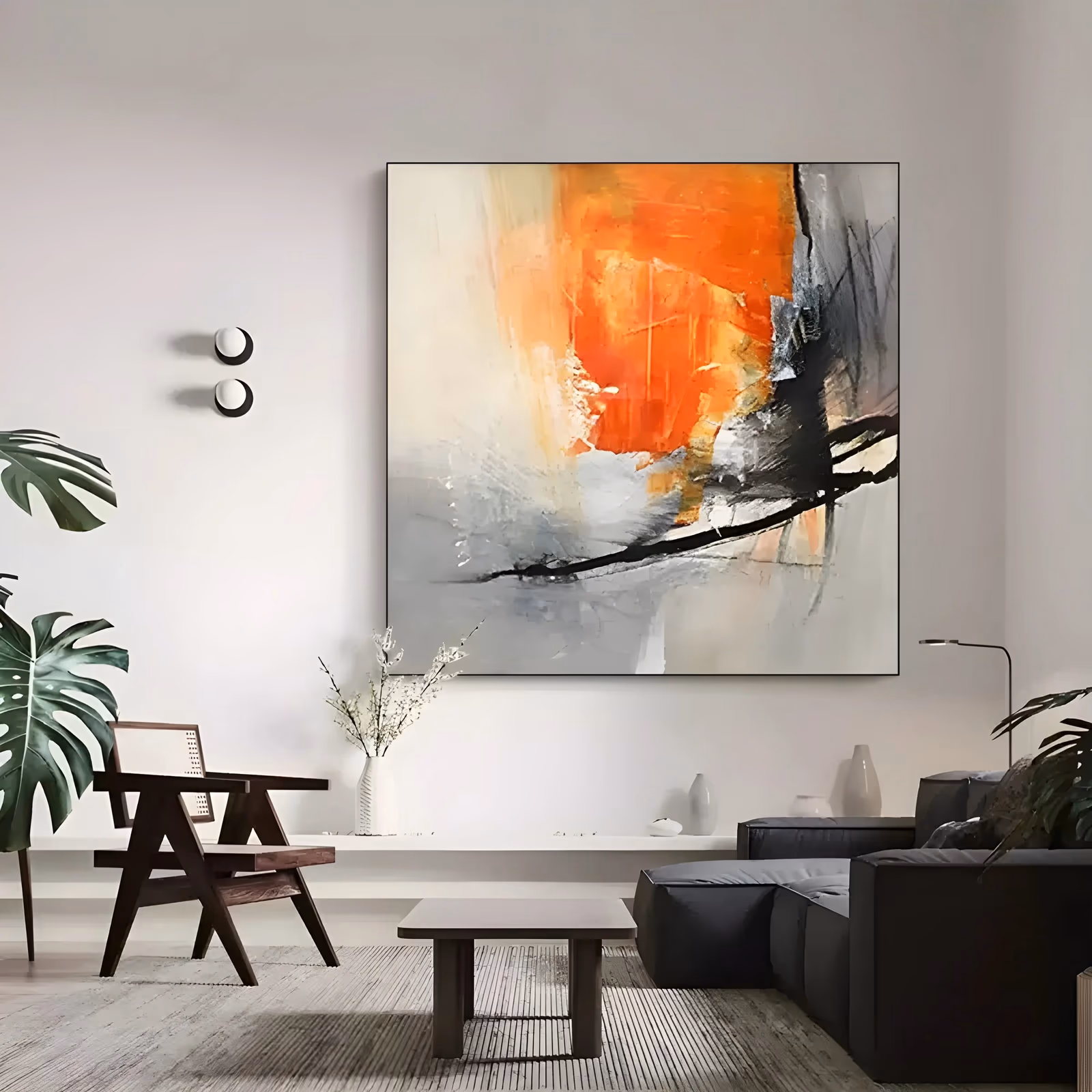 a large square abstract painting with a hot orange mass burning over the upper half of a cream ground, long black and charcoal strokes sweeping under it and pale gray scraped fields below, in palette-knife oil