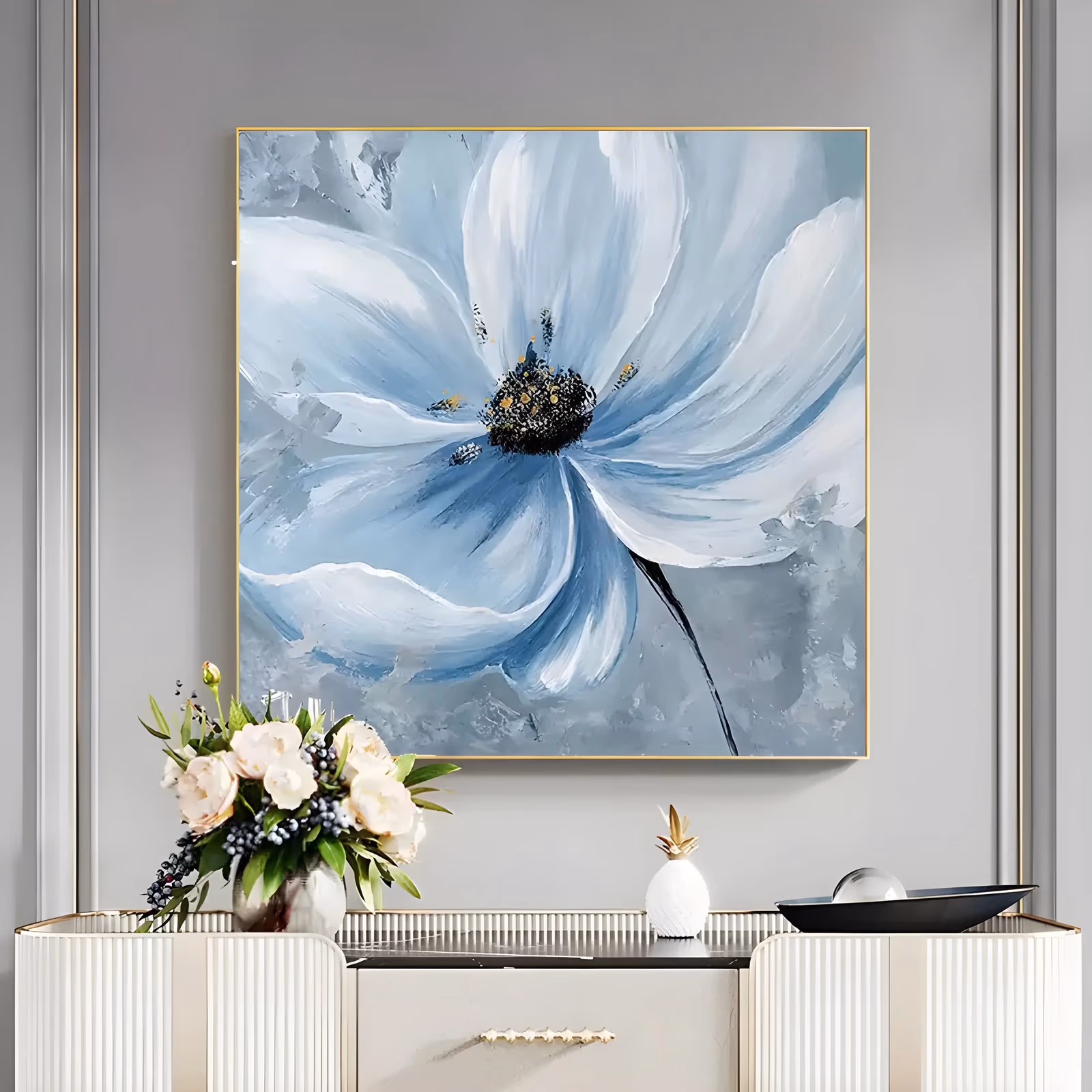 a square hand-painted canvas of one oversized pale blue and white anemone bloom opening from the center of the frame, its dark navy center flecked with gold, on a mottled gray background in soft oil
