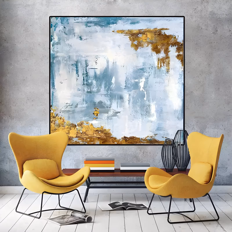 a large square abstract painting of pale blue-gray and white washes with bright gold-leaf patches clustered in the top right and lower left corners, in thin oil with a matte finish