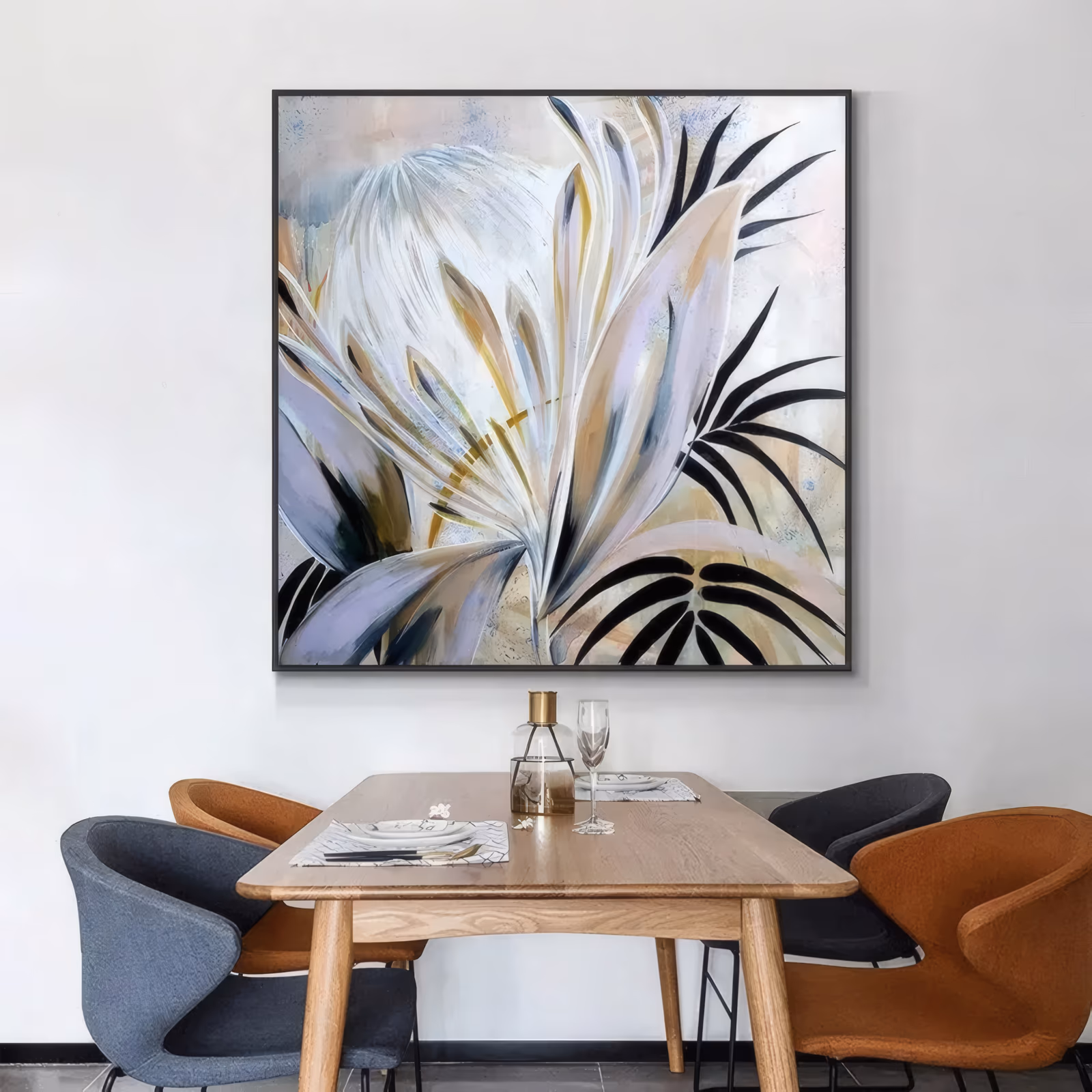 a large square minimalist botanical canvas of pale lilac, cream, and gray palm fronds fanning from a gold-ochre stem, with black palm leaf silhouettes at the right, on a soft beige and blush ground, in smooth flat paint