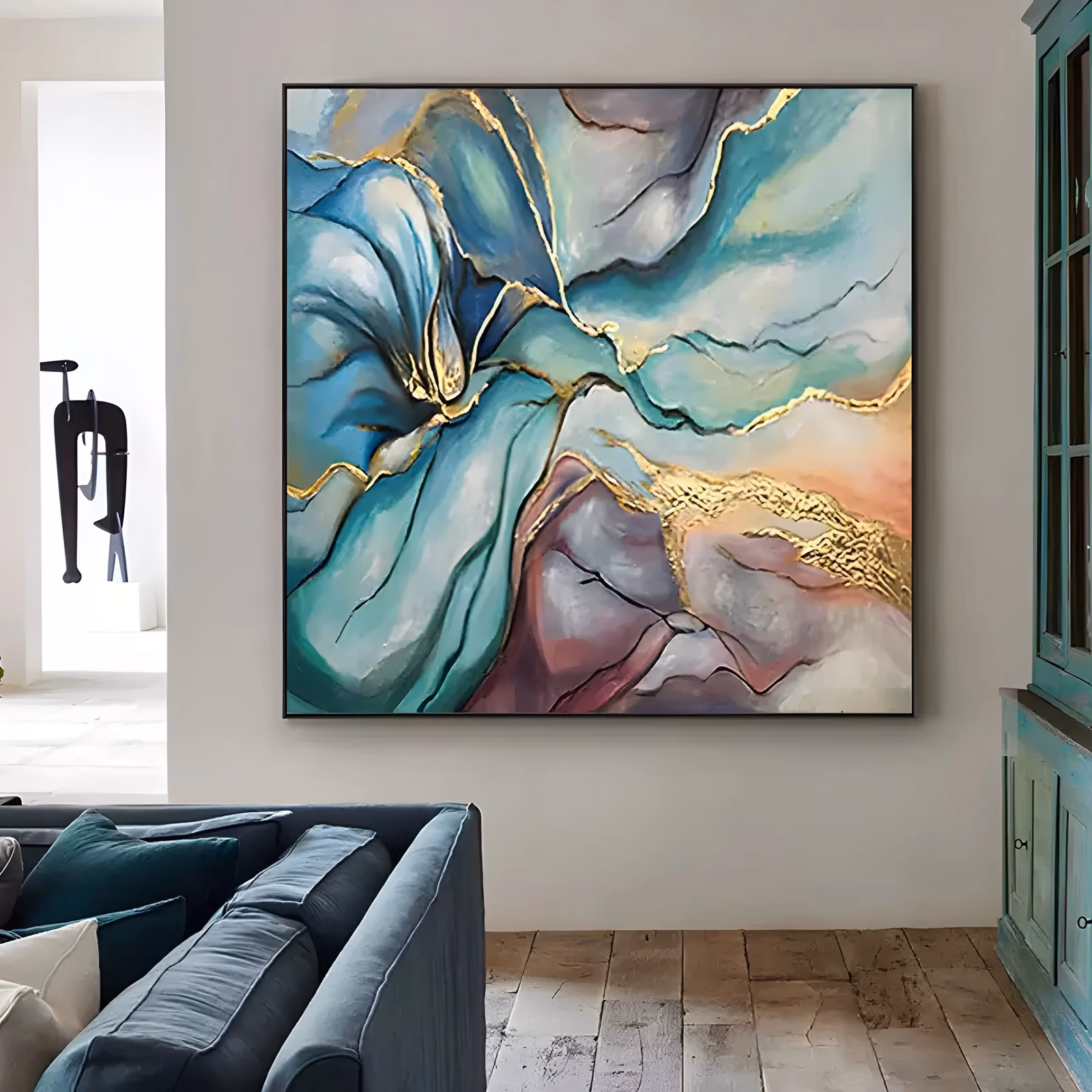 a large square abstract painting of marbled forms in teal, blue-gray, mauve and peach that fold like petals, split by branching gold veins, in smooth blended oil with raised metallic leaf
