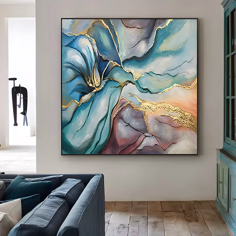 a large square abstract painting of marbled forms in teal, blue-gray, mauve and peach that fold like petals, split by branching gold veins, in smooth blended oil with raised metallic leaf
