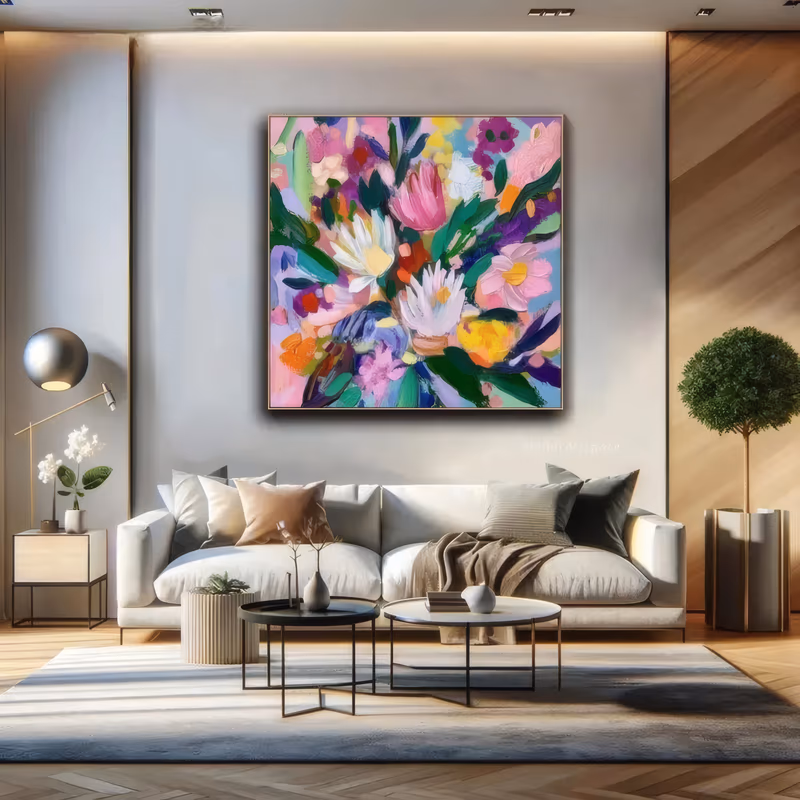 a large square painterly floral of pink, white and purple blooms among emerald and jade leaves on a soft pink ground, painted in broad flat palette-knife strokes