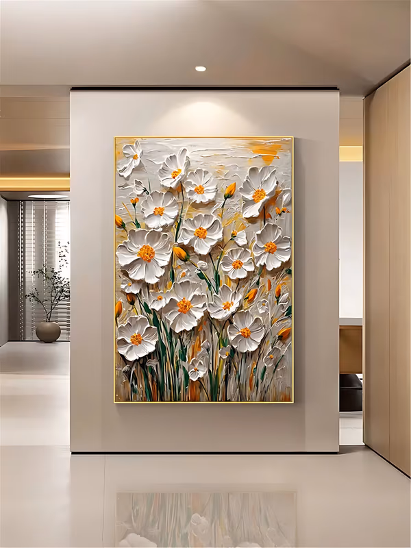 a large vertical relief painting of white cosmos flowers with orange centers and green stems rising from the lower edge, massed over a beige ground with gold streaks, sculpted in thick raised plaster