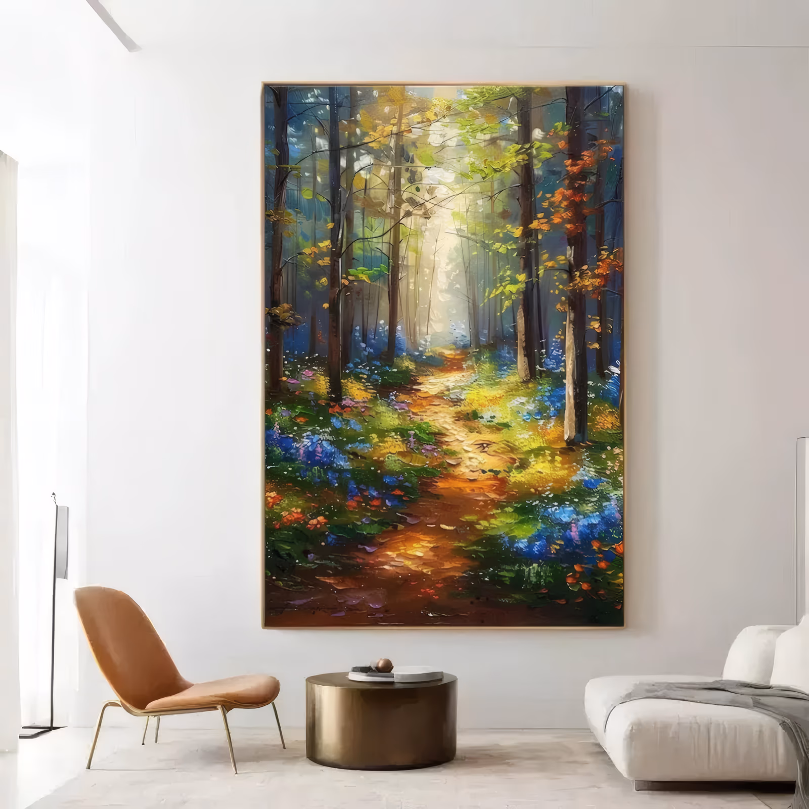 a large vertical impressionist painting of a sunlit dirt path curving through a green forest, banks of blue and orange wildflowers on both sides and pale light between the trunks, in thick impasto