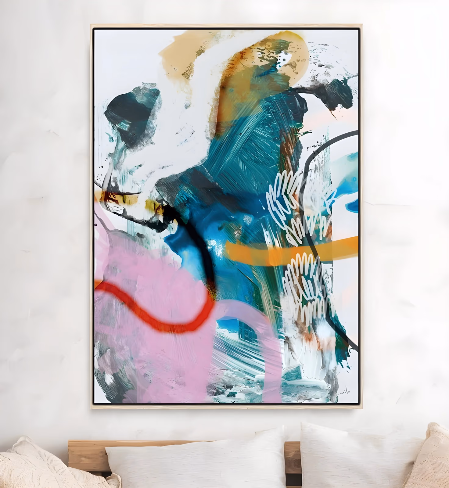 a large vertical gestural abstract painting of teal and ochre sweeps over a white ground, with a soft pink block low left, a red ribbon curving through it and white scribbled marks on the right, in flat brushed acrylic
