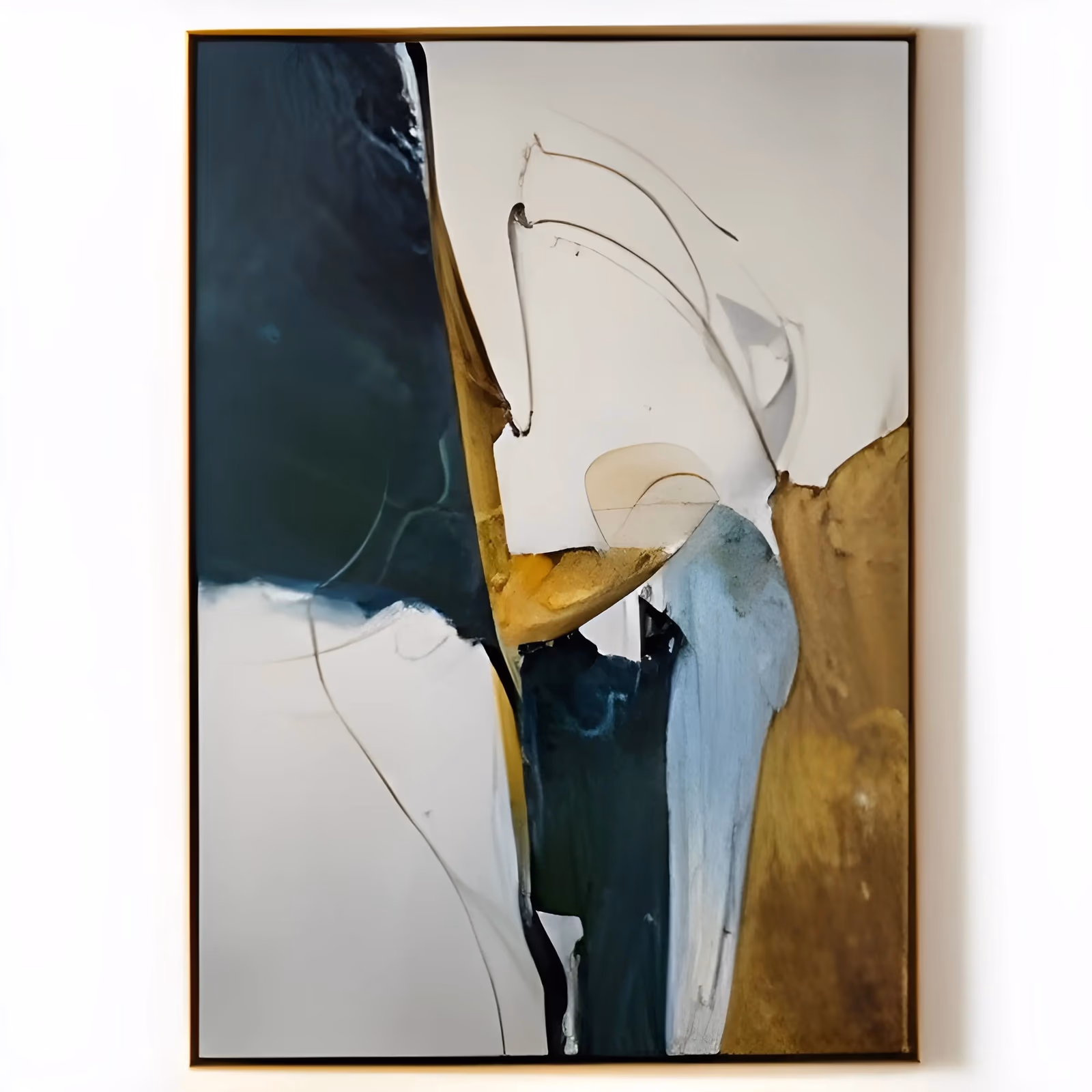 a large vertical abstract painting of flat color fields in dark teal, white, ochre and pale blue, divided by thin drawn lines that loop through the upper center, in matte brushed acrylic