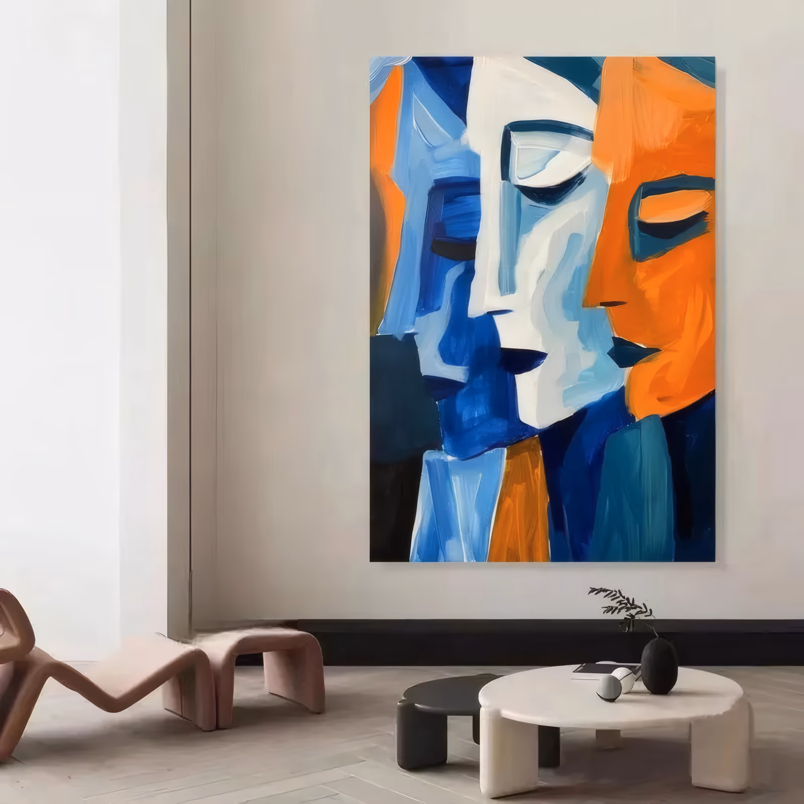 a large vertical cubist painting of three overlapping profile faces, one white, one pale blue and one orange, set against navy and black blocks, in broad flat brushstrokes of thick acrylic