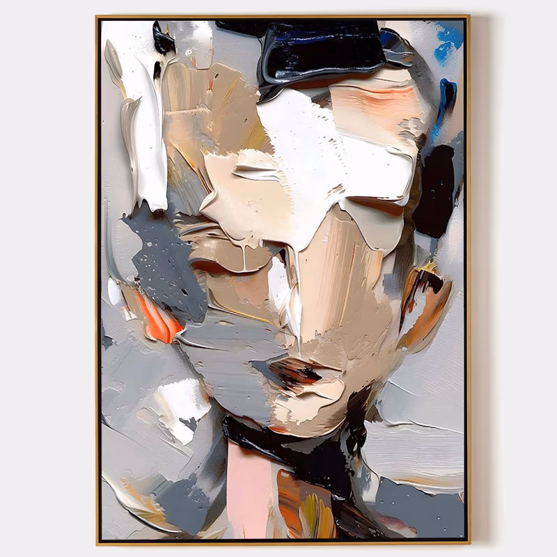 a large vertical abstract palette-knife painting of a woman's face broken into thick beige, gray, white and black slabs, with coral and blue accents at the edges, in heavy impasto oil
