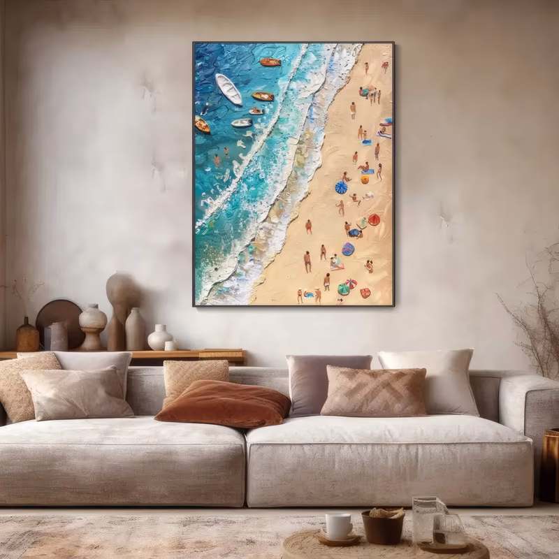 a large vertical textured coastal painting of an aerial view of turquoise surf with white boats at the left, a diagonal foam line, and sunbathers under colorful umbrellas on beige sand at the right, in thick impasto