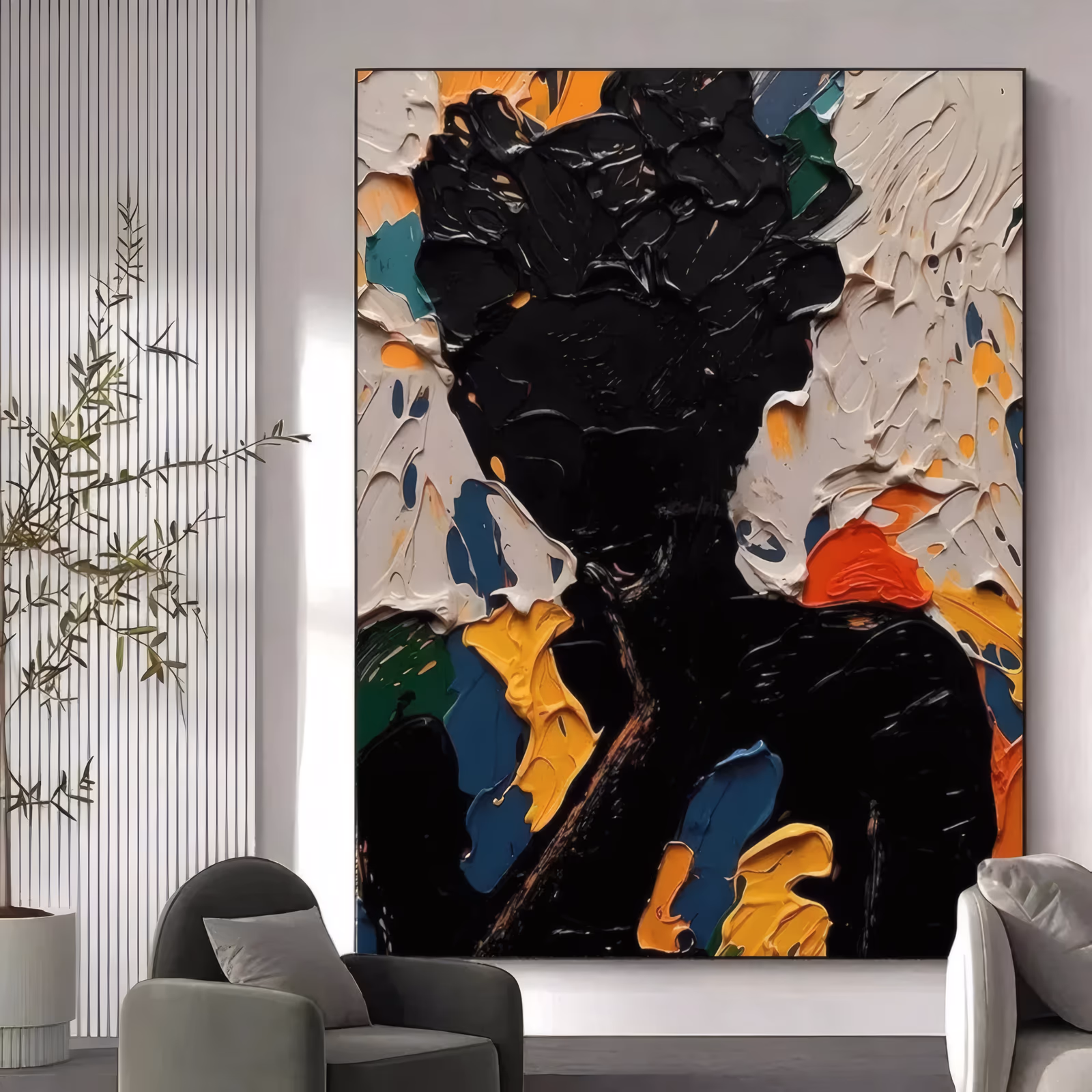 a large vertical abstract painting of a woman in profile rendered as a glossy black silhouette with a full afro, surrounded by ridged cream, yellow, teal and orange knife strokes, in very heavy impasto relief