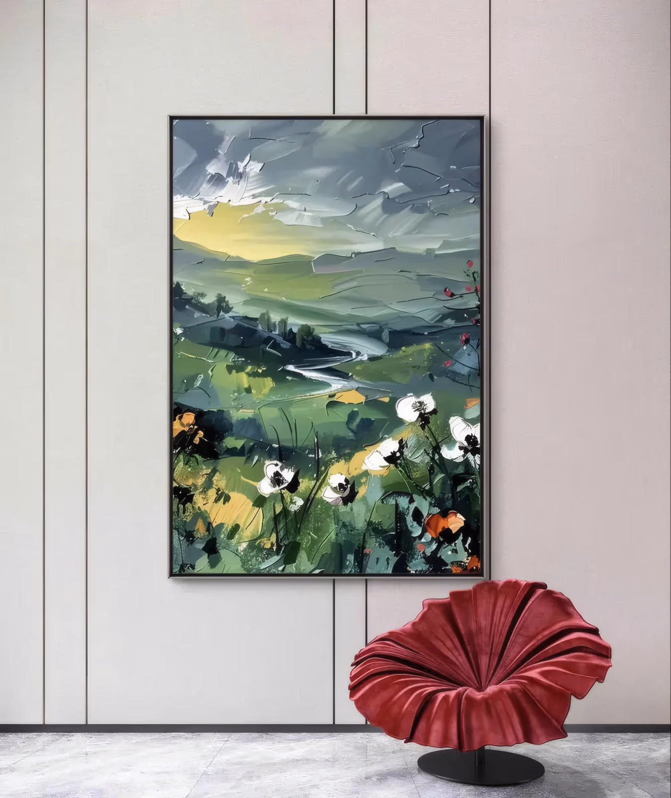 a large vertical palette-knife painting of white poppies with black stems standing along the bottom edge, a green patchwork valley and thin river behind them and a heavy grey sky above, in thick impasto