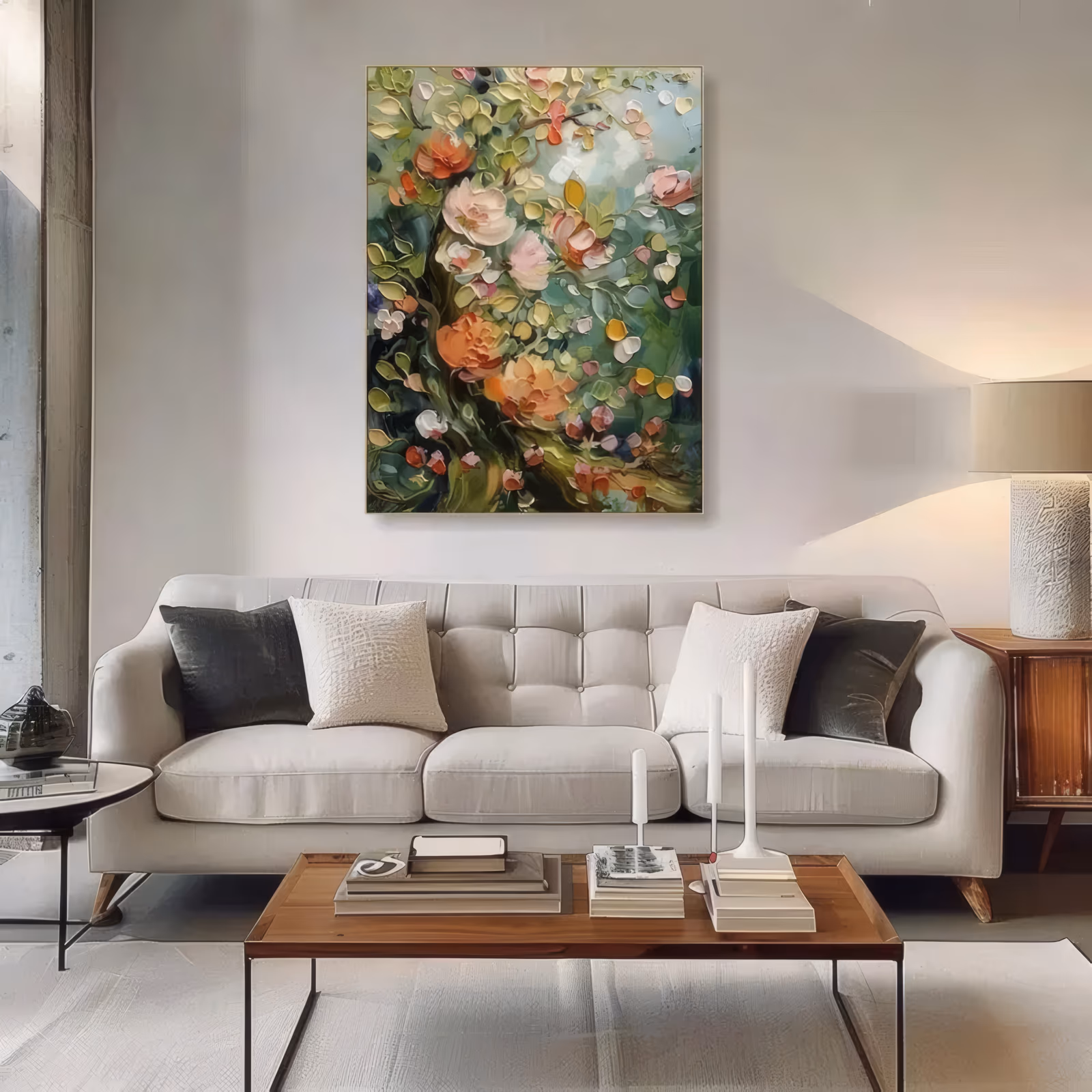 a large vertical impressionist floral painting of pink, cream and coral blossoms massed over olive and green leaves with a small pale blue sky opening near the top, built in thick palette-knife impasto