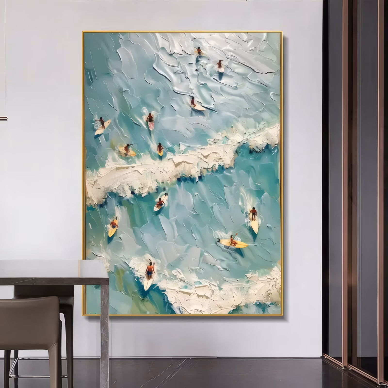 a tall vertical relief painting seen from above, a dozen small surfers paddling and riding on turquoise and mint water, with two thick ridges of white plaster foam breaking diagonally through the frame