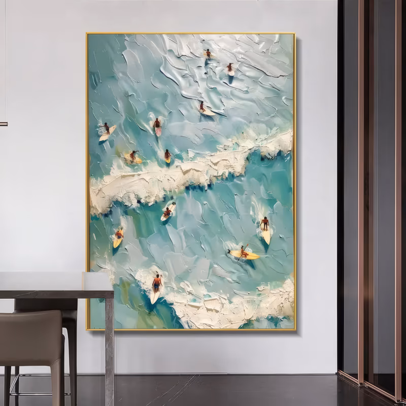a tall vertical relief painting seen from above, a dozen small surfers paddling and riding on turquoise and mint water, with two thick ridges of white plaster foam breaking diagonally through the frame