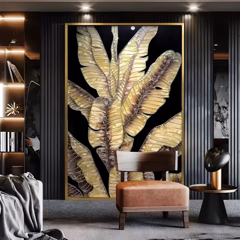 a large vertical botanical painting of overlapping banana leaves in metallic gold, their ridged midribs and veins catching the light, spreading from the center against a black ground, in hand-painted acrylic and gold