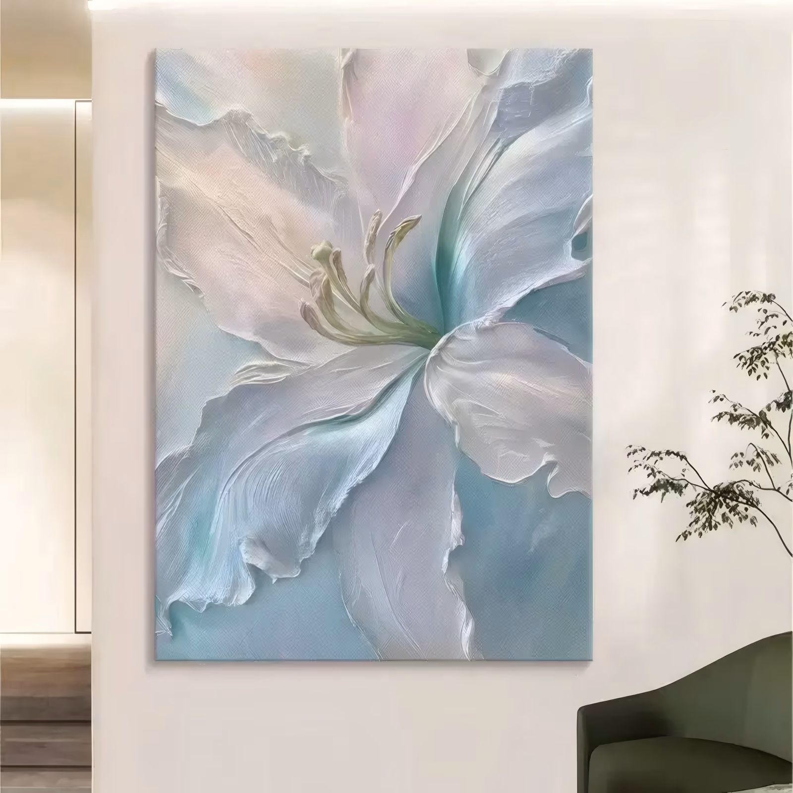 a large vertical textured floral painting of a single white lily filling the frame, its curled petals tinted pale aqua and blush around a green stamen cluster at the center, in thick sculpted paint