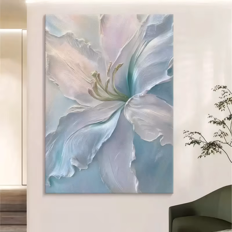 a large vertical textured floral painting of a single white lily filling the frame, its curled petals tinted pale aqua and blush around a green stamen cluster at the center, in thick sculpted paint