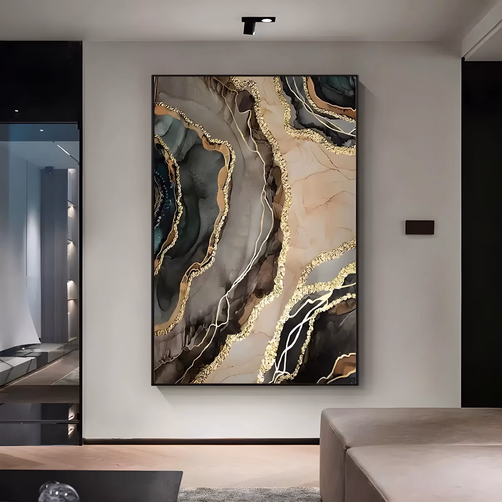 a large vertical abstract painting of an agate marble surface, with dark teal green and brown pools beside beige and cream drifts, split by branching gold veins, in glossy poured paint and gold leaf