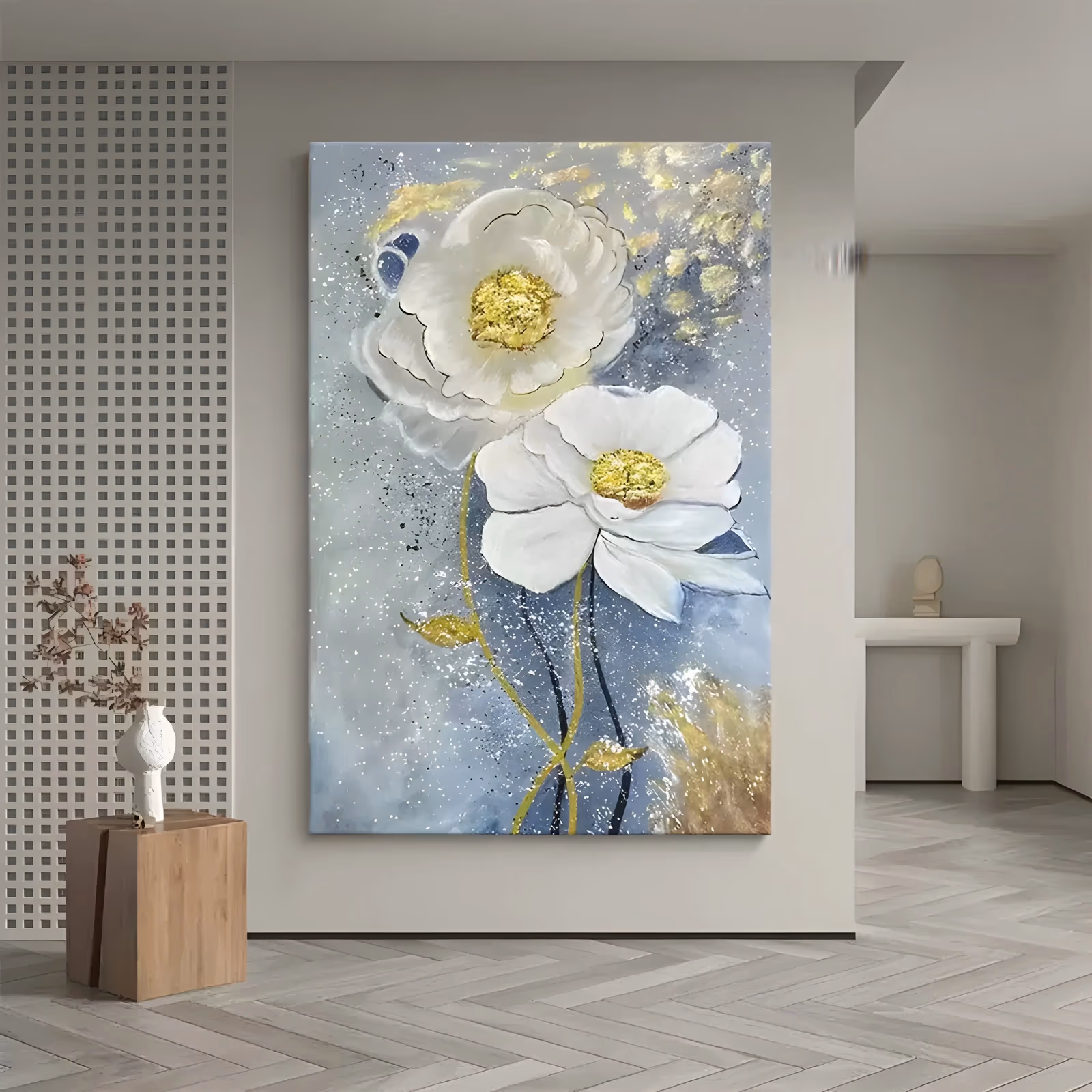 a large vertical floral painting of two open white blooms with bright gold centers, one above the other on slim gold stems, over a blue-gray ground flecked with gold leaf and white spatter in thick paint