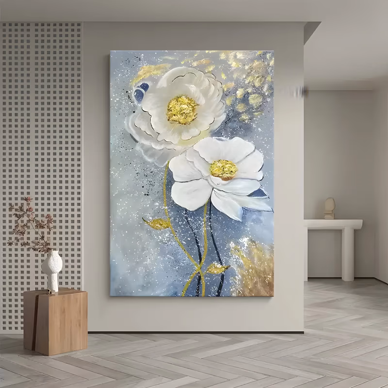 a large vertical floral painting of two open white blooms with bright gold centers, one above the other on slim gold stems, over a blue-gray ground flecked with gold leaf and white spatter in thick paint