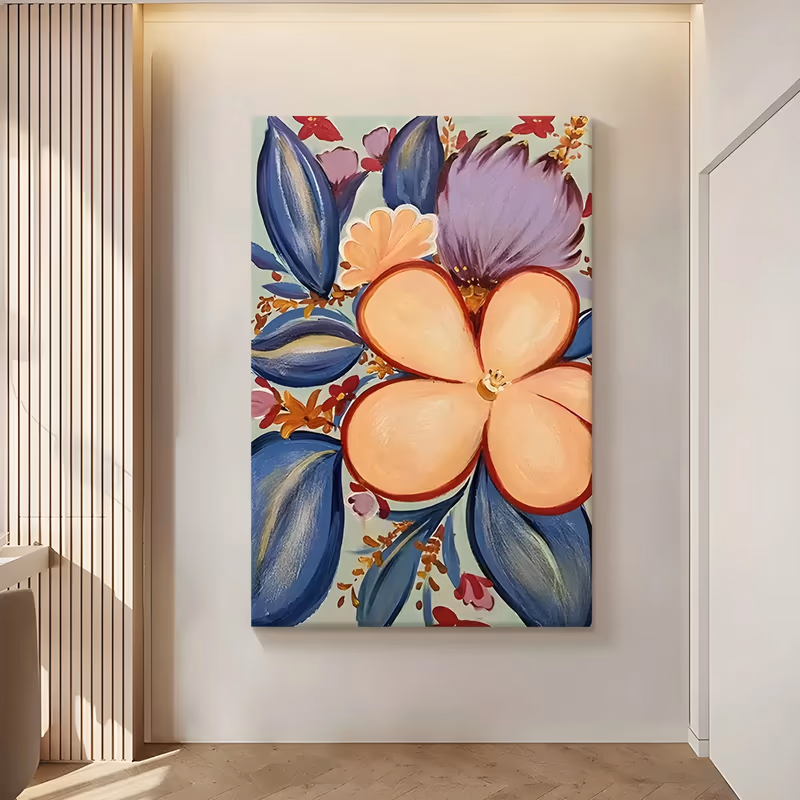 a large vertical folk floral painting of one open peach five-petal flower at the center, ringed by deep blue leaves, a purple bloom at the top right and small red flowers, on a mint green ground, in flat brushed acrylic