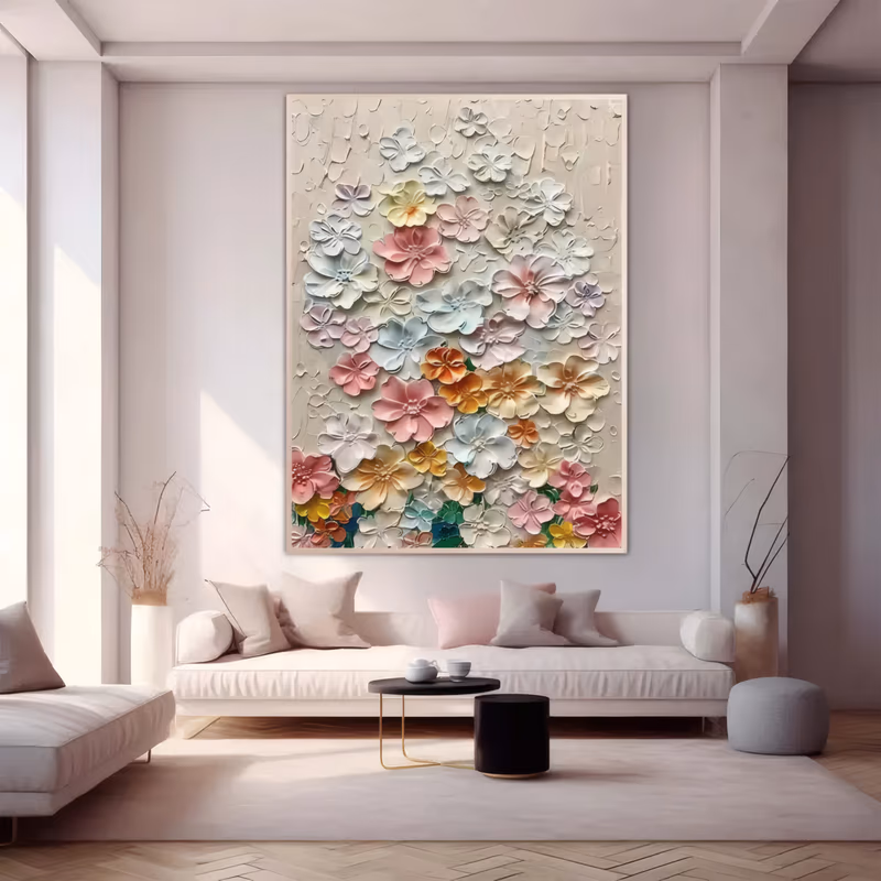 a large vertical relief painting of dozens of sculpted plaster blossoms in pink, mint, yellow and white massed over a warm beige ground, thickest through the center, in raised three-dimensional plaster