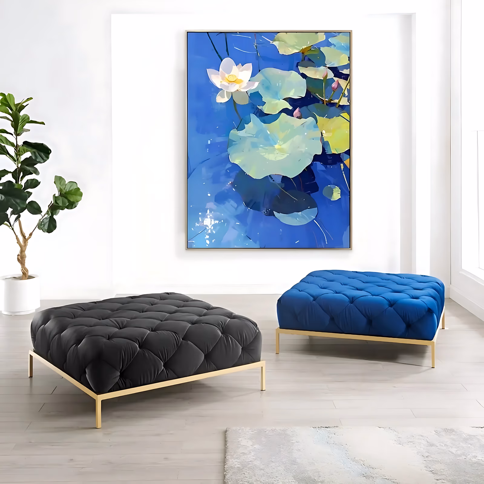 a large vertical impressionist painting of a single white lotus with a yellow center at the upper left, ringed by pale green and jade lily pads on deep cobalt blue water, in brushed acrylic