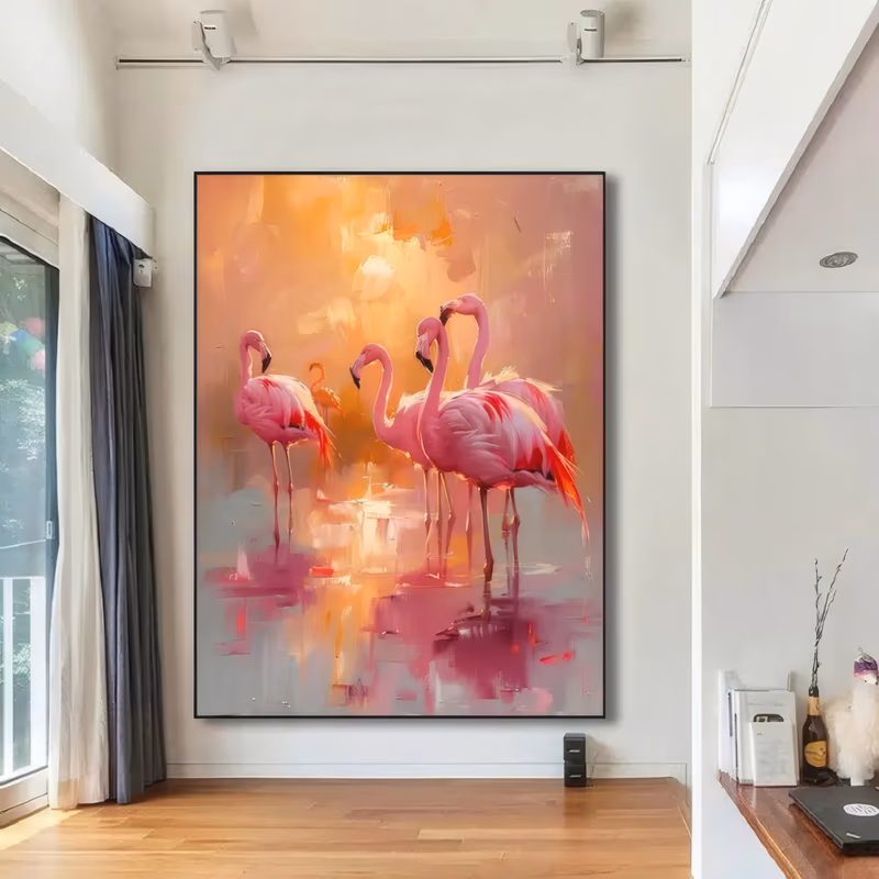 a large vertical impressionist painting of four pink flamingos wading in shallow water at the center, their reflections streaking below, against a warm orange and gold sky in thick brushed oil