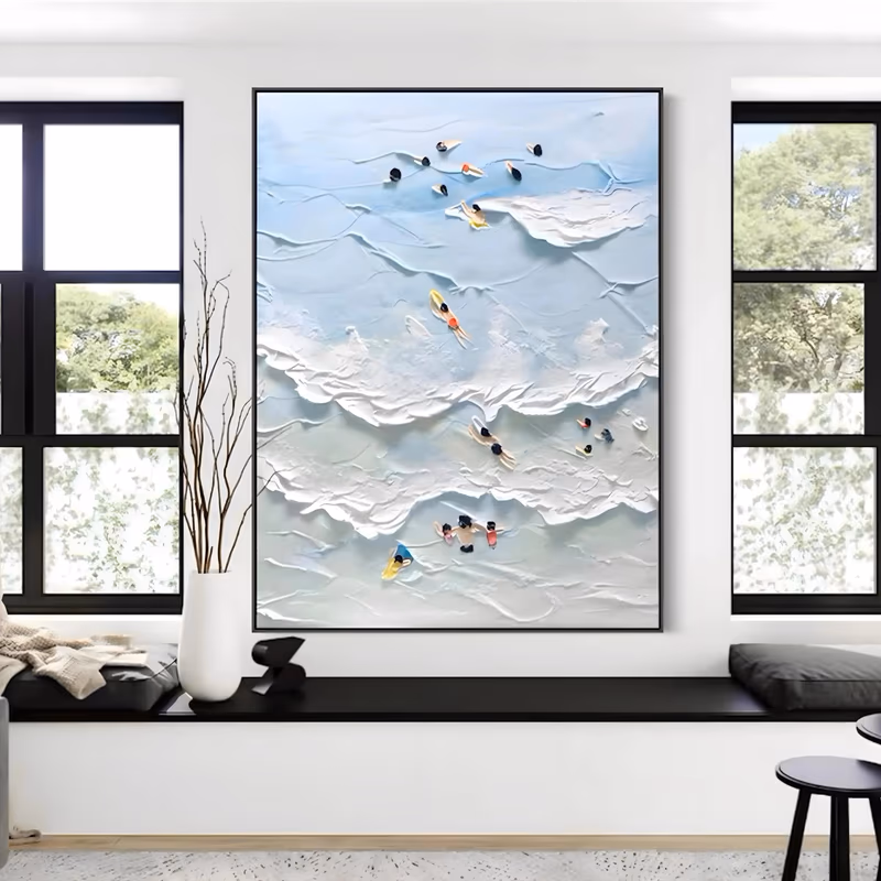 a large vertical relief painting seen from above of tiny swimmers in bright suits floating between rows of sculpted white foam on pale blue water, the waves built in raised plaster ridges