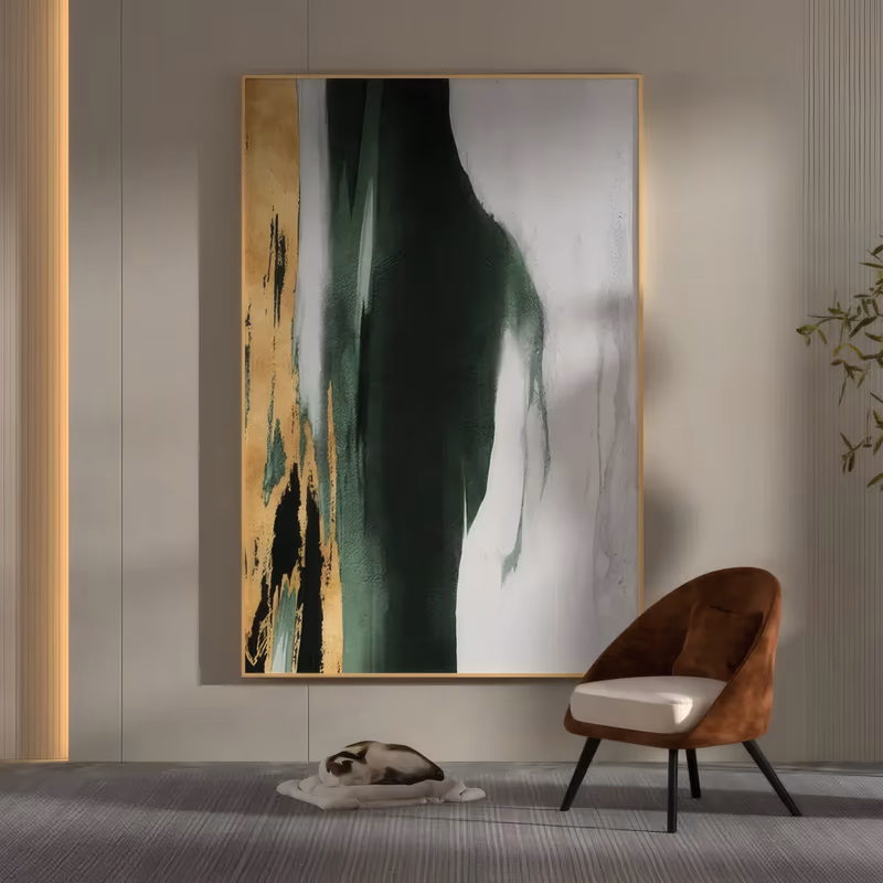 a large vertical abstract painting with a broad dark emerald green sweep running down the center, a band of gold leaf along the left edge and soft gray-white washes on the right, in thick brushed oil