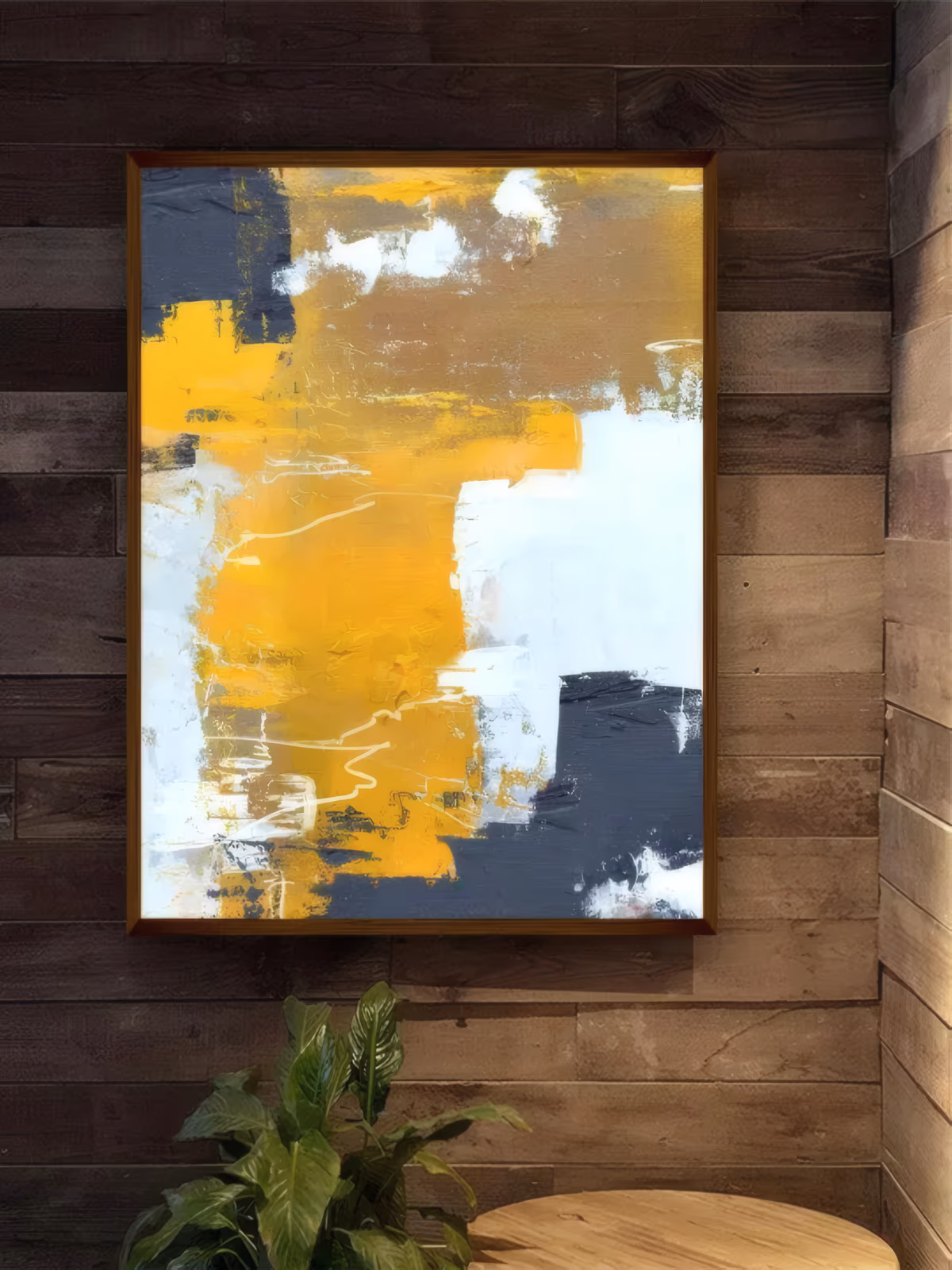 a large vertical abstract painting of stacked yellow, ochre, white and charcoal gray color blocks with scraped edges and a tan patch at the top, in thick scraped acrylic