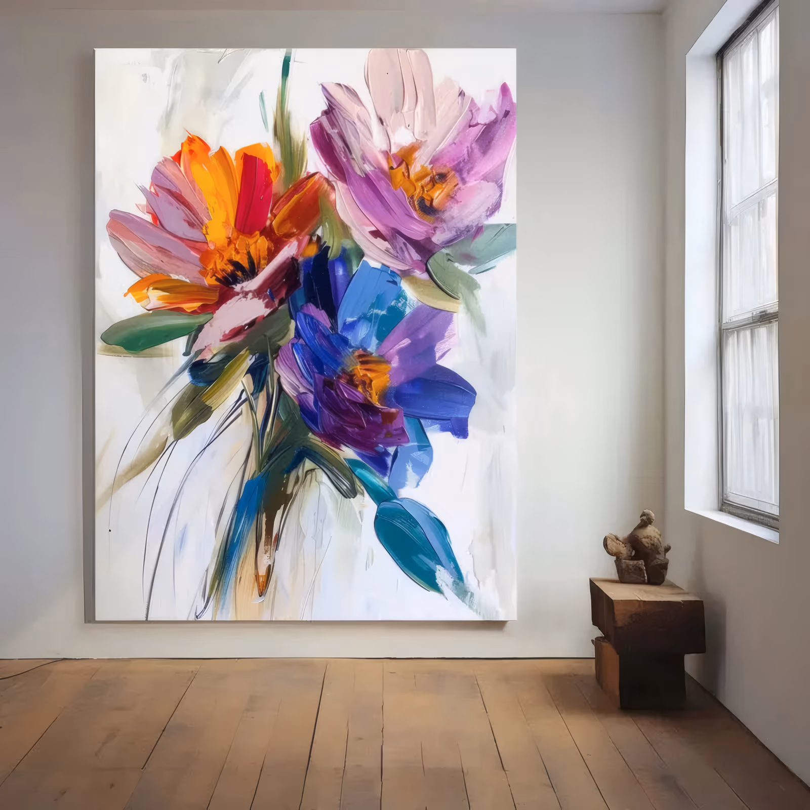a large vertical floral painting of a loose bouquet, an orange and red bloom on the left, a lilac flower at the top right and violet and blue petals below, with teal leaves on white, in glossy blended acrylic