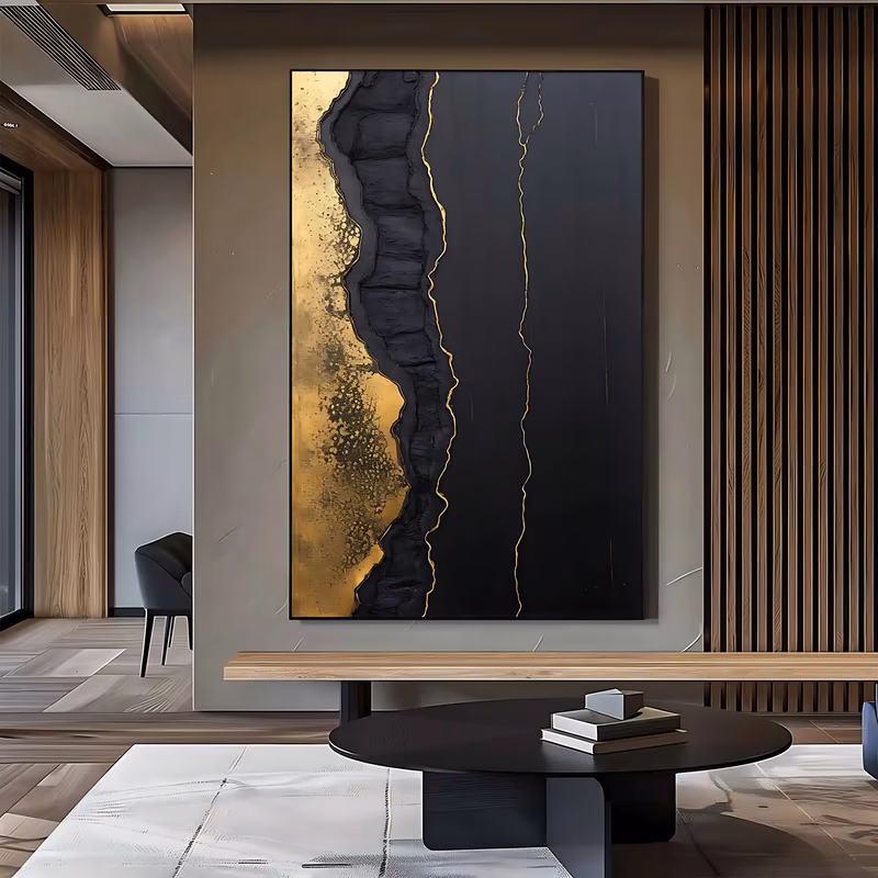 a large vertical minimalist painting with a shimmering gold leaf field down the left side meeting a deep black band, the join broken into rocky ridges with thin gold cracks running down, in heavy relief