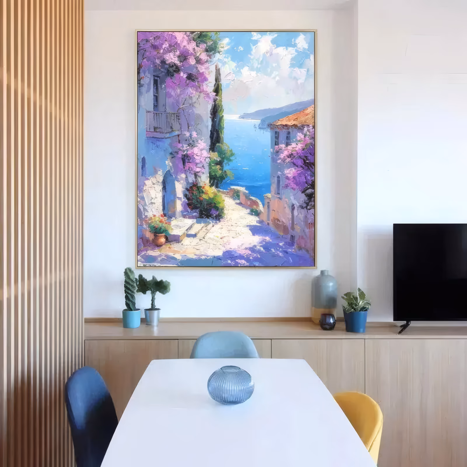 a large vertical impressionist painting of a mediterranean lane where purple bougainvillea spills over a pale blue house, a dark cypress and red geraniums beside sunlit steps and a blue bay, in heavy impasto