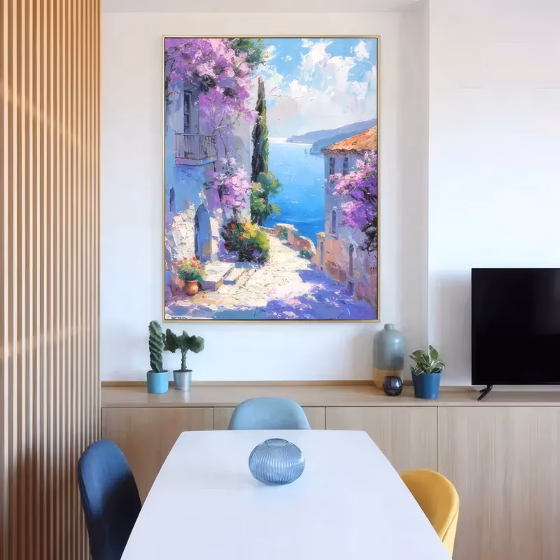 a large vertical impressionist painting of a mediterranean lane where purple bougainvillea spills over a pale blue house, a dark cypress and red geraniums beside sunlit steps and a blue bay, in heavy impasto