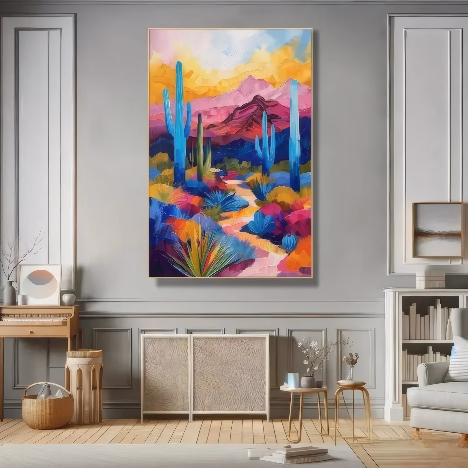 a large vertical impressionist painting of turquoise saguaro cacti standing above magenta and gold desert shrubs, with a pale sand path leading to pink mountains under a yellow sky, in thick knife-laid oil
