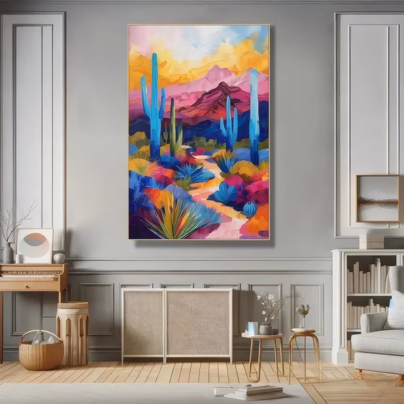 a large vertical impressionist painting of turquoise saguaro cacti standing above magenta and gold desert shrubs, with a pale sand path leading to pink mountains under a yellow sky, in thick knife-laid oil
