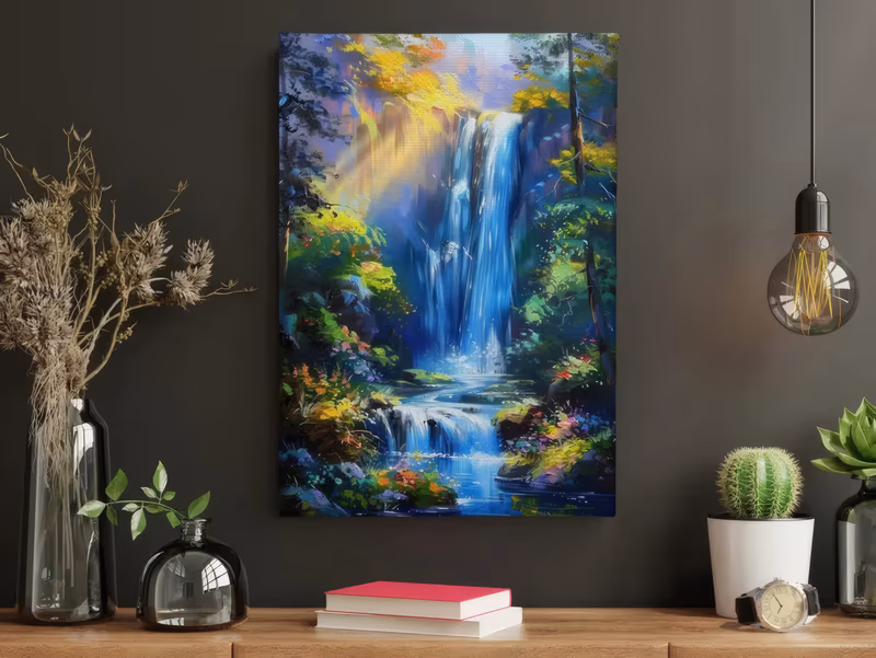 a large vertical impressionist canvas painting of a blue waterfall falling through a sunlit forest, gold and yellow leaves overhead and pink and orange wildflowers along the rocky pool, in bright oil color