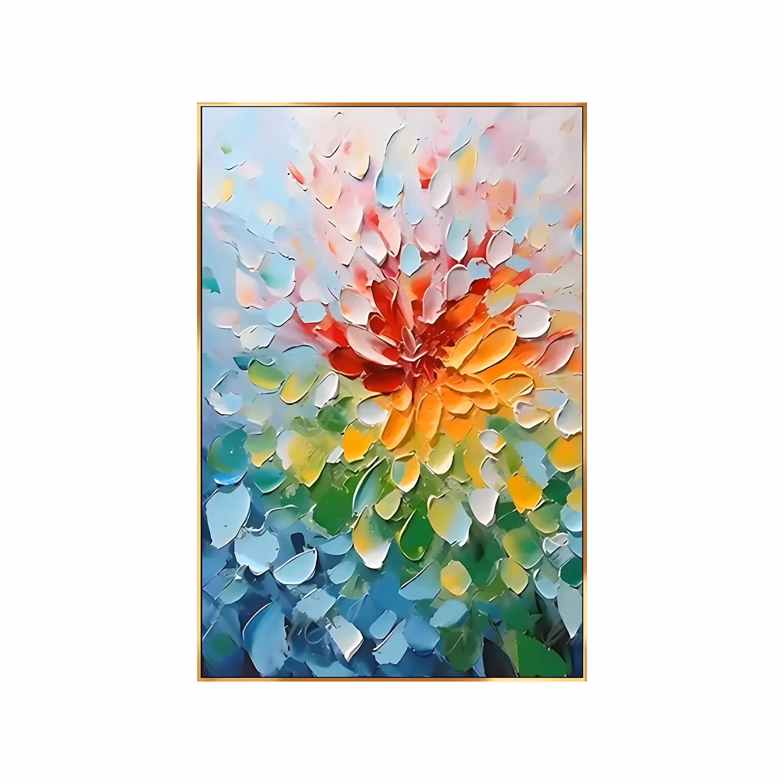 a large vertical palette-knife painting of petals radiating from a red and orange center, turning yellow and green at the sides and pale blue and white at the edges, each petal a thick separate dab of paint
