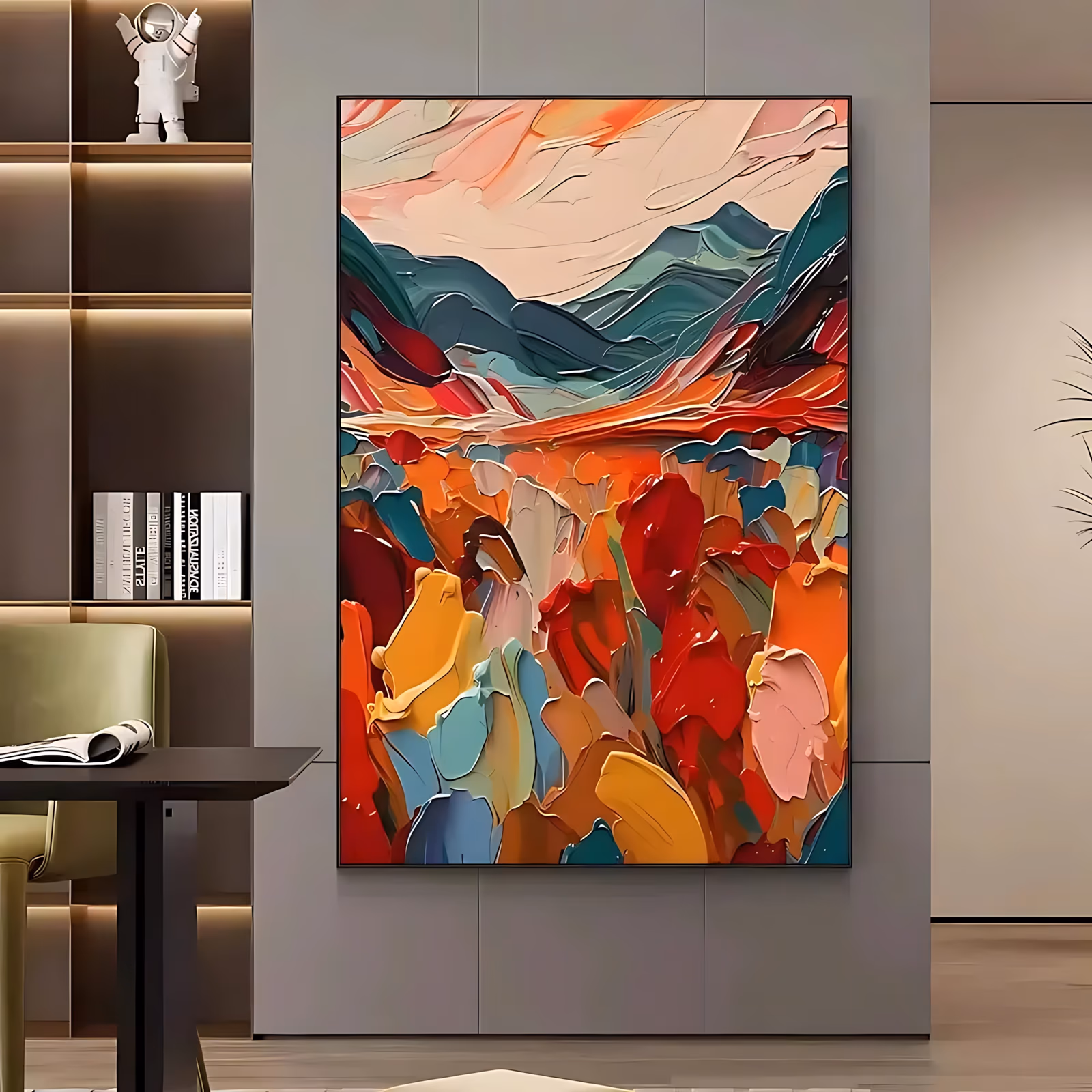a large vertical knife-painted landscape of teal and green mountains under a peach and cream sky, above a valley packed with thick slabs of red, orange, yellow and turquoise paint reading as massed blooms