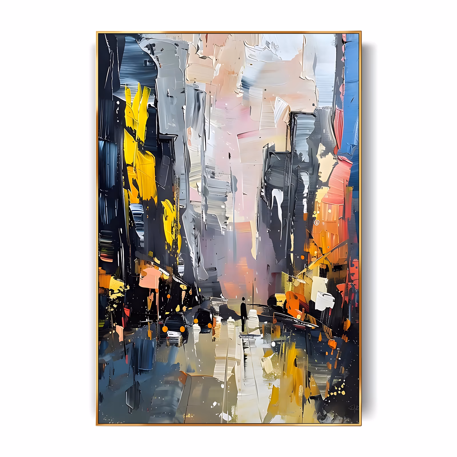 a large vertical impressionist city painting of a wet street cut between gray and black buildings, a lone figure and cars mid-frame, yellow orange and pink lights reflected on the road, in slab-like knife strokes