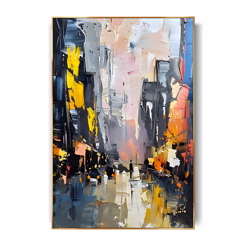 a large vertical impressionist city painting of a wet street cut between gray and black buildings, a lone figure and cars mid-frame, yellow orange and pink lights reflected on the road, in slab-like knife strokes